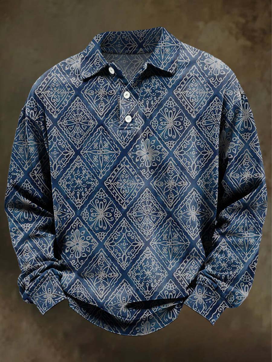 Retro Floral Print Casual Long-Sleeve Polo Shirt