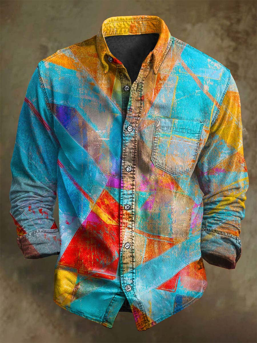 Abstract Irregular Geometric Print Casual Long-Sleeve Shirt