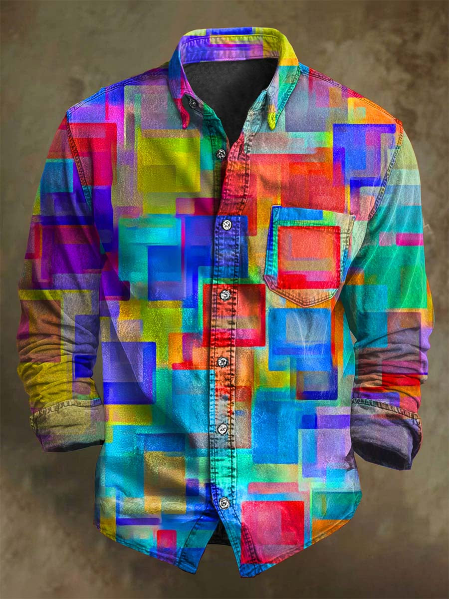 Abstract Colorful Geometric Print Casual Long-Sleeve Shirt