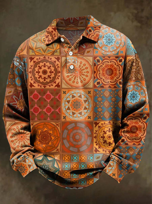 Vintage Ethnic Mandala Print Casual Long-Sleeve Polo Shirt
