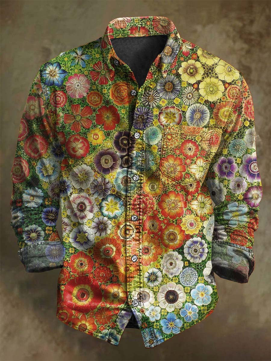 Retro Floral Print Casual Long-Sleeve Shirt