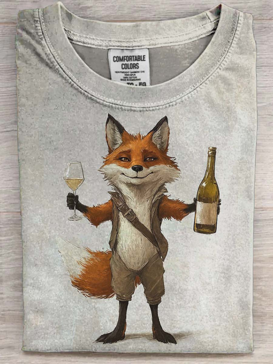 Drinking Fox Print Casual Short-Sleeve T-Shirt