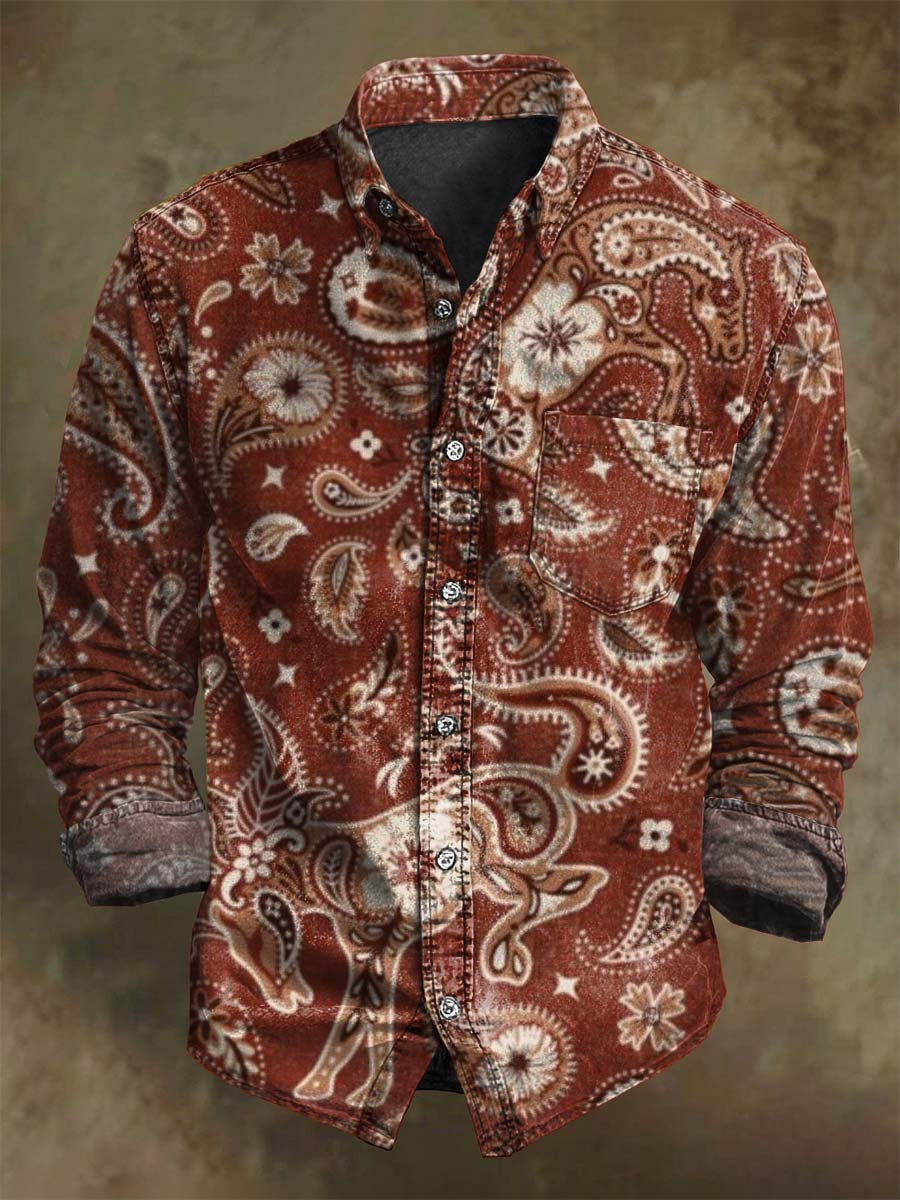 Retro Western Cowboy Floral Print Casual Long-Sleeve Shirt