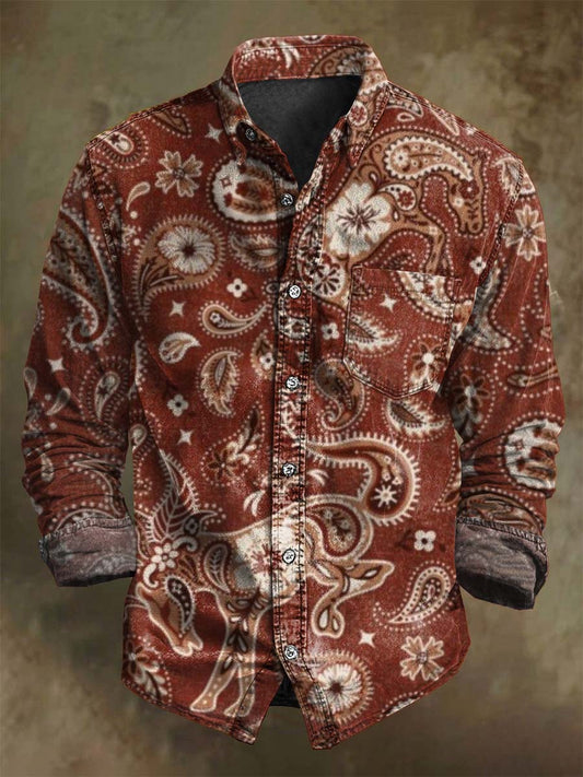 Retro Western Cowboy Floral Print Casual Long-Sleeve Shirt