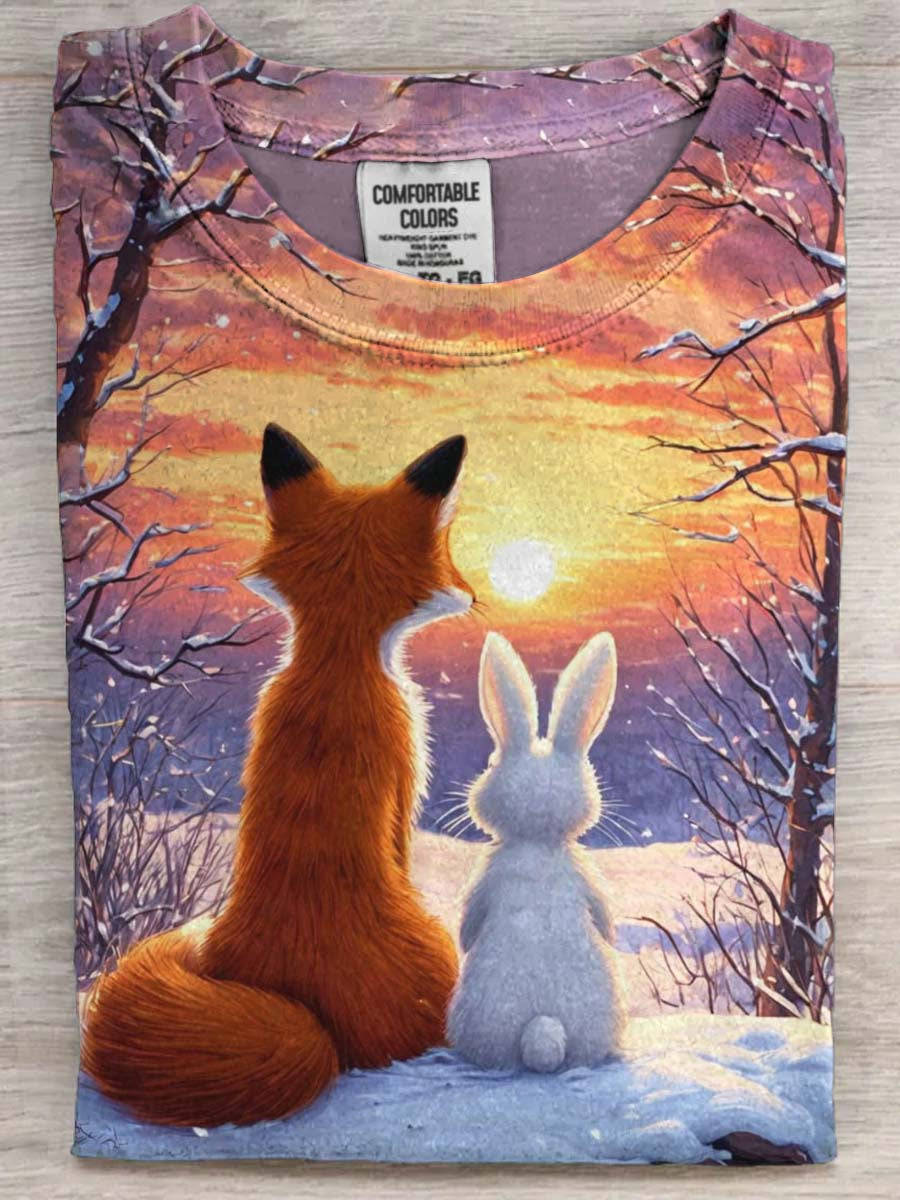 Sunset Fox and Rabbit Print Casual Short-Sleeve T-Shirt