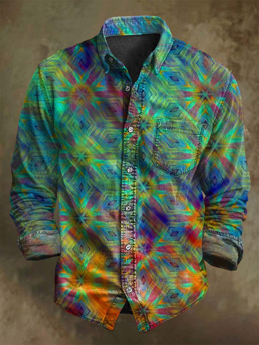 Abstract Shimmering Glass Print Casual Long-Sleeve Shirt