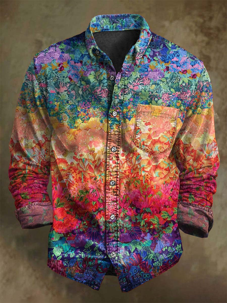 Retro Floral Print Casual Long-Sleeve Shirt