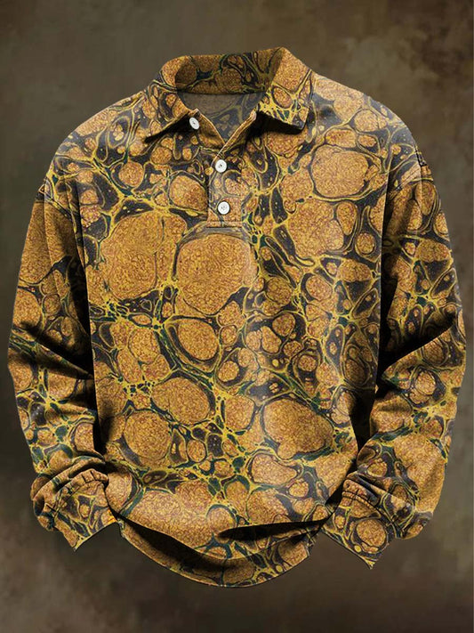 Abstract Marble Print Casual Long-Sleeve Polo Shirt