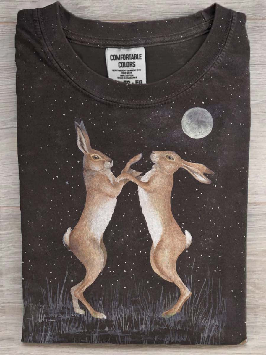 Midnight Moon Rabbit Print Casual Short-Sleeve T-Shirt