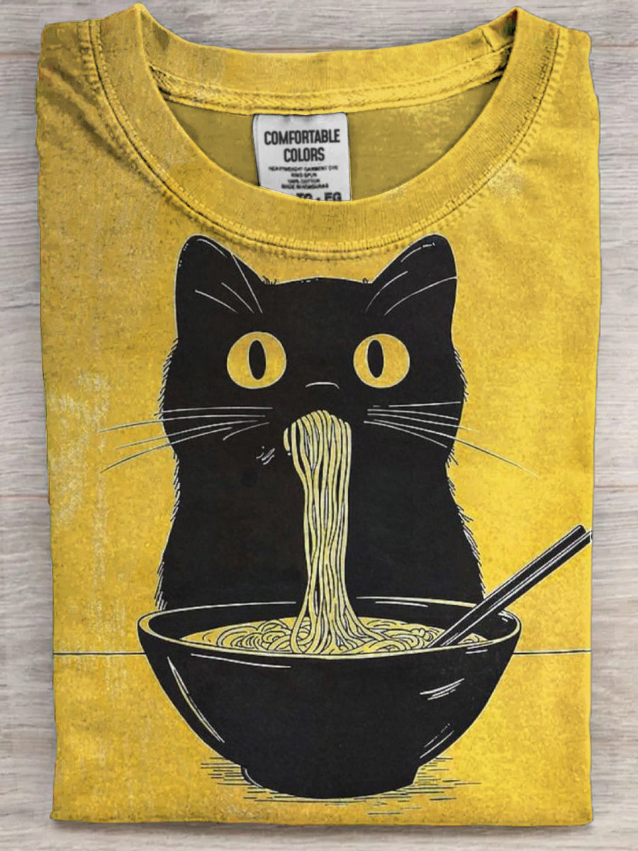 Funny Ramen Cat Print Casual Short-Sleeve T-Shirt