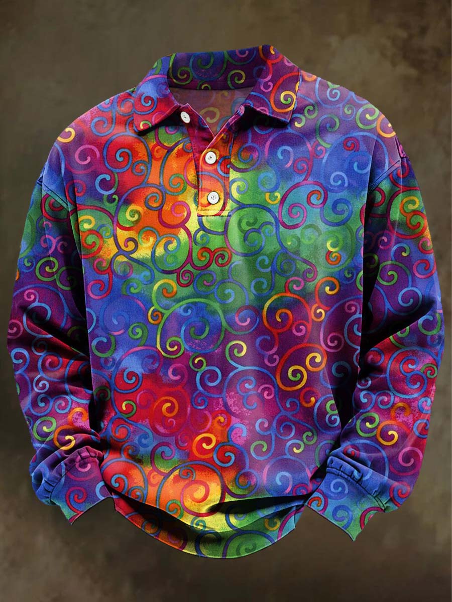 Abstract Colorful Spiral Swirl Print Casual Long-Sleeve Polo Shirt