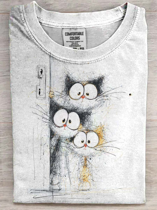 Line-Printed Cat Casual Short-Sleeve T-Shirt