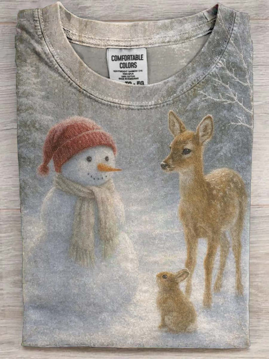 Snowman Rabbit and Sika Deer Print Casual Short-Sleeve T-Shirt