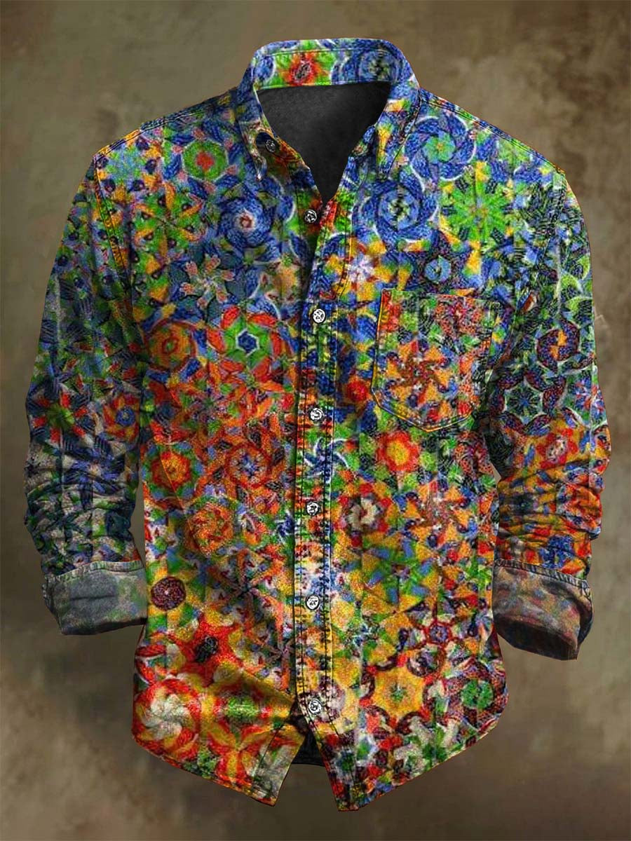 Abstract Multicolor Windmill Floral Print Casual Long-Sleeve Shirt