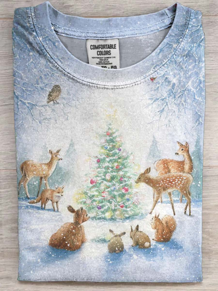 Forest Animals Christmas Tree Print Casual Short-Sleeve T-Shirt