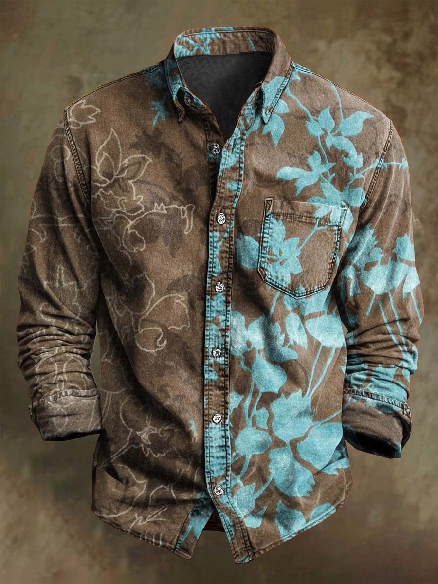 Retro Abstract Floral Print Casual Long-Sleeve Shirt