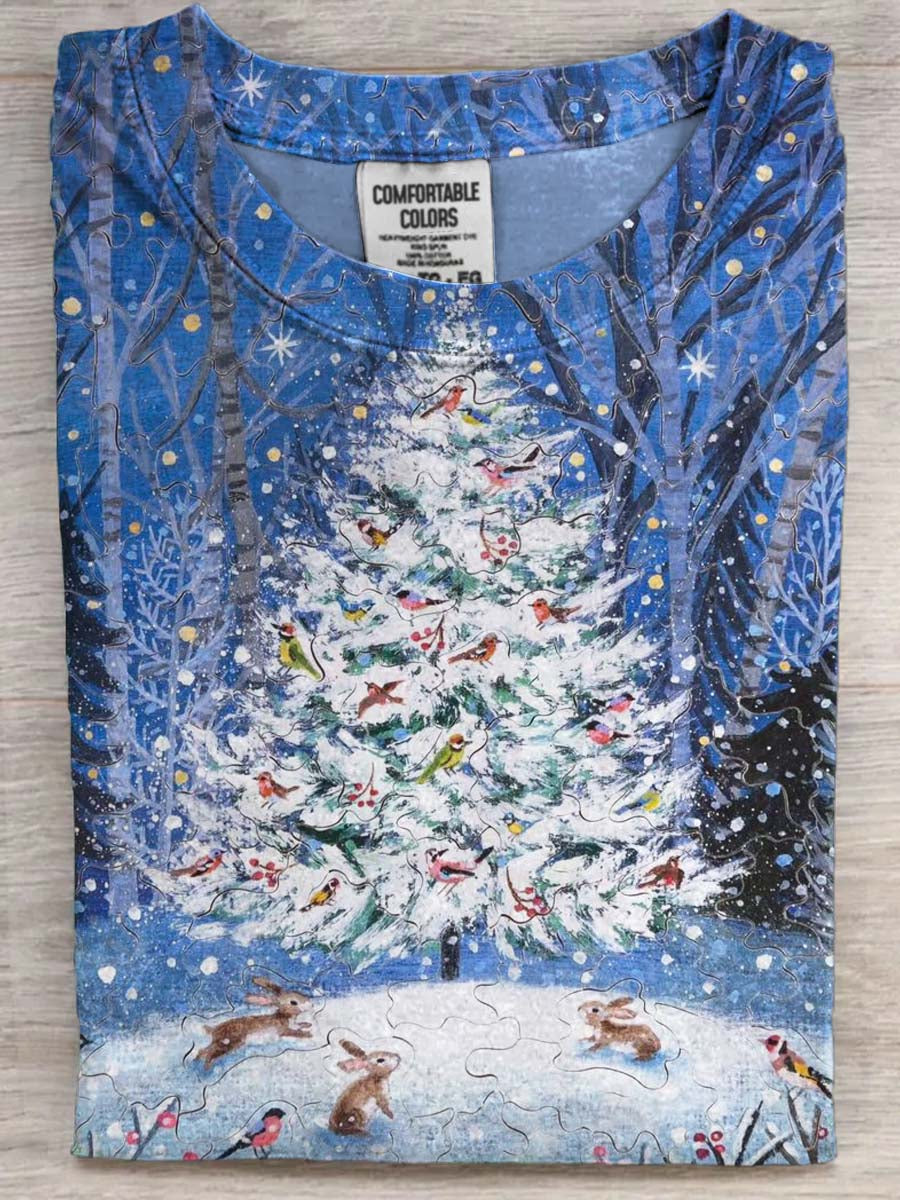 Rabbit Christmas Tree Print Casual Short-Sleeve T-Shirt