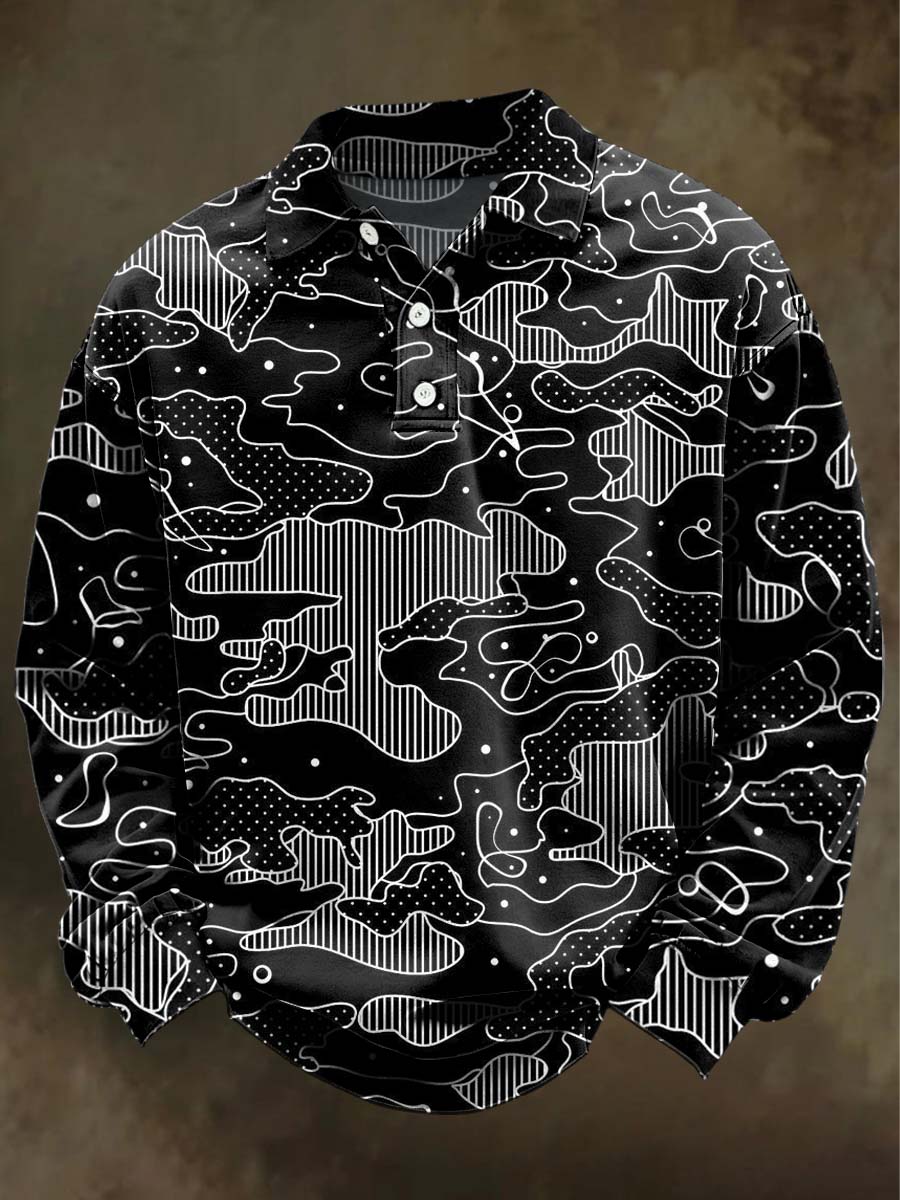 Abstract Geometric Print Casual Long-Sleeve Polo Shirt