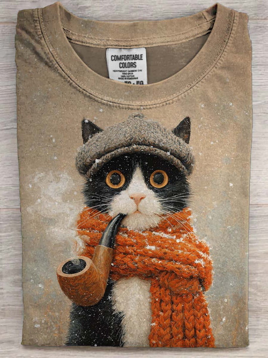Winter Pipe Cat Print Casual Short-Sleeve T-Shirt