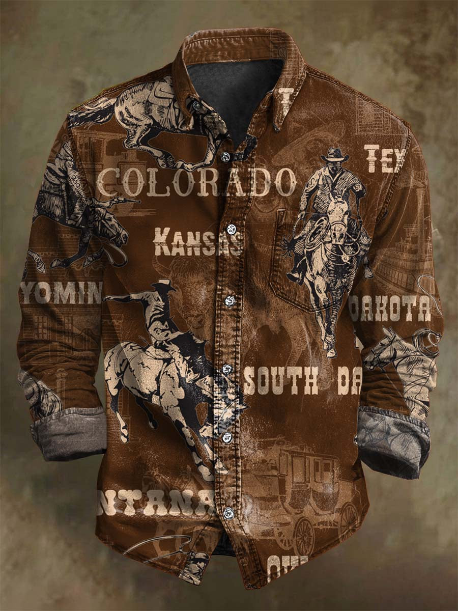 Western Cowboy Print Casual Long-Sleeve Shirt