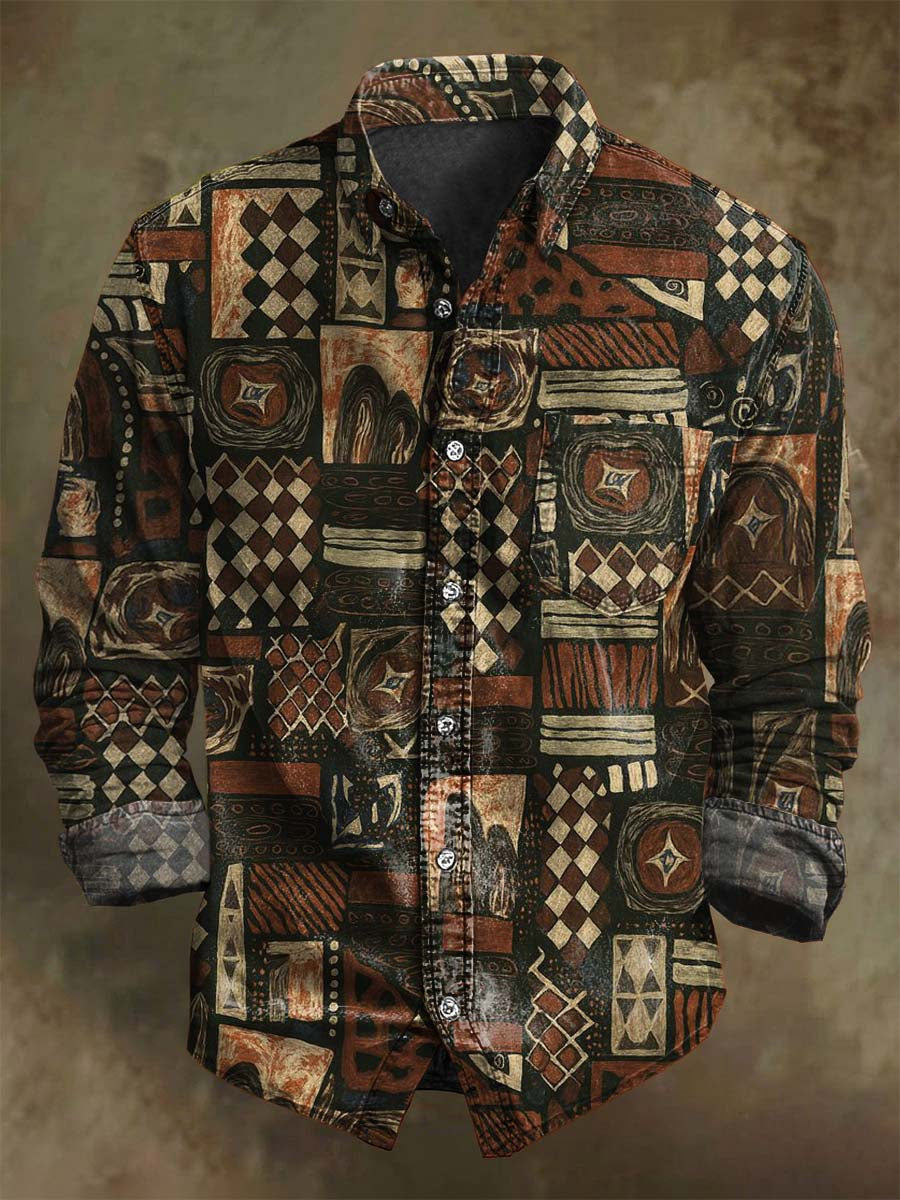 Abstract Retro Geometric Print Casual Long-Sleeve Shirt