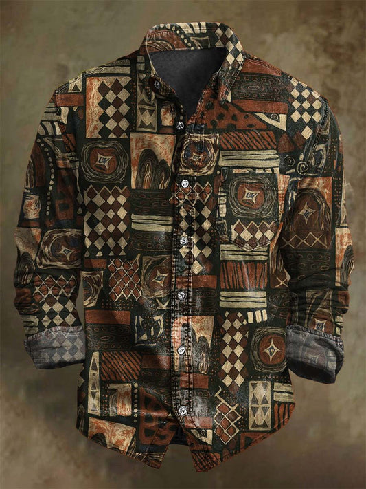 Abstract Retro Geometric Print Casual Long-Sleeve Shirt