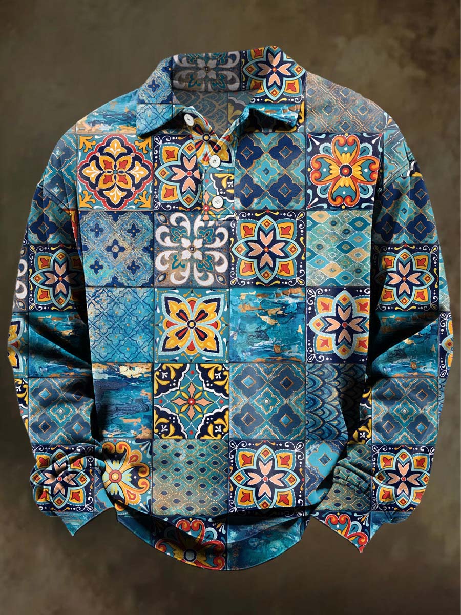 Retro Mandala Floral Print Casual Long-Sleeve Polo Shirt