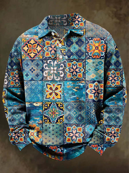 Retro Mandala Floral Print Casual Long-Sleeve Polo Shirt