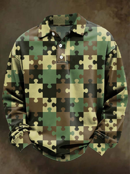 Camouflage Print Casual Long-Sleeve Polo Shirt