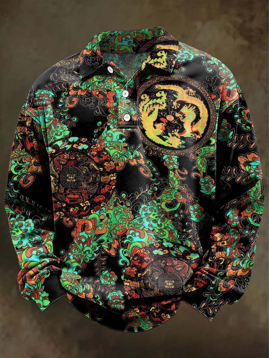 Abstract Dragon Print Casual Long-Sleeve Polo Shirt