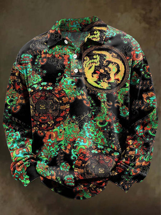 Abstract Dragon Print Casual Long-Sleeve Polo Shirt