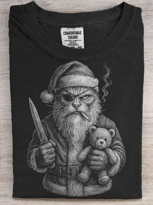 Spooky Christmas Cat Print Casual Short-Sleeve T-Shirt