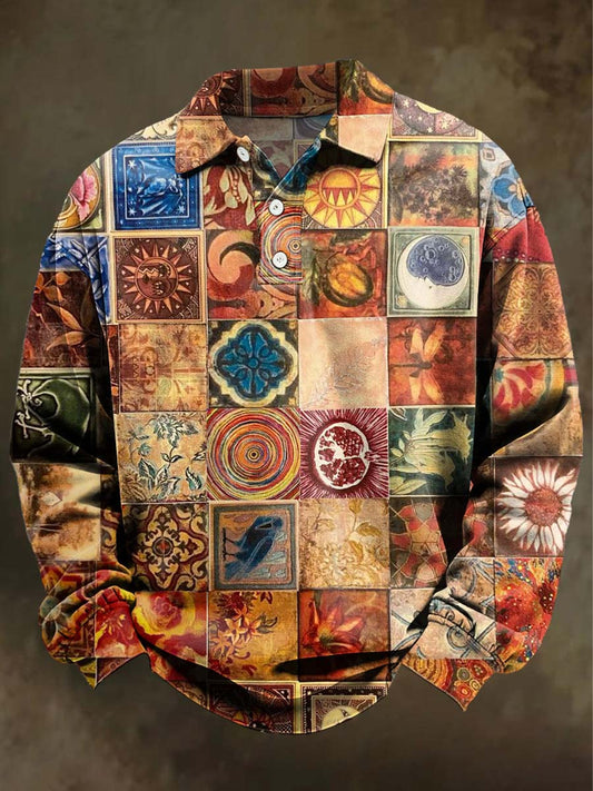 Retro Abstract Sun Print Casual Long-Sleeve Polo Shirt