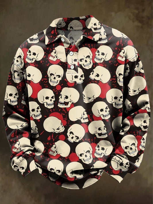 Abstract Skull Print Casual Long-Sleeve Polo Shirt