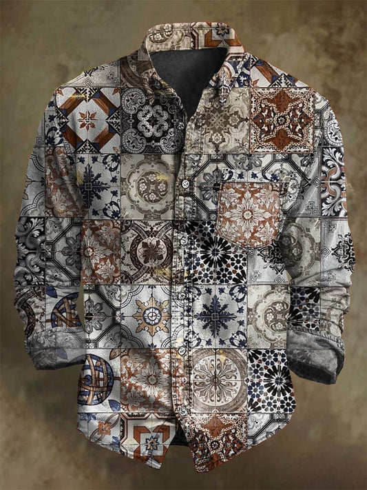 Abstract Vintage Floral Print Casual Long-Sleeve Shirt