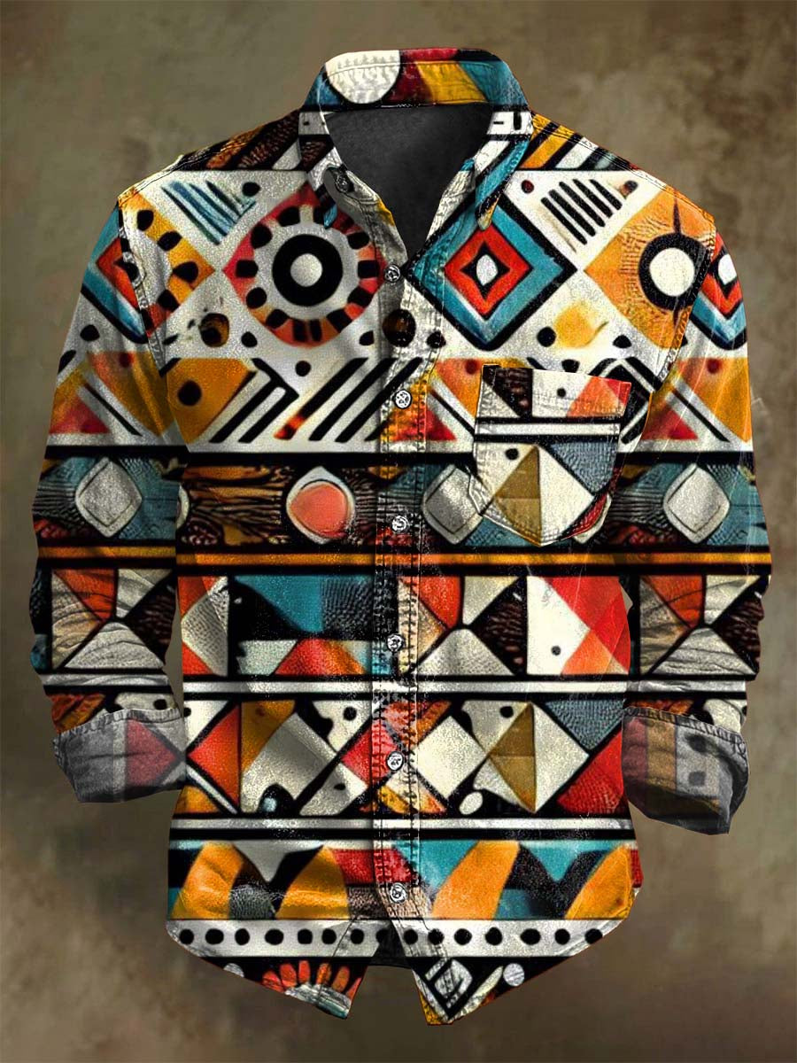 Retro Western Print Casual Long-Sleeve Shirt