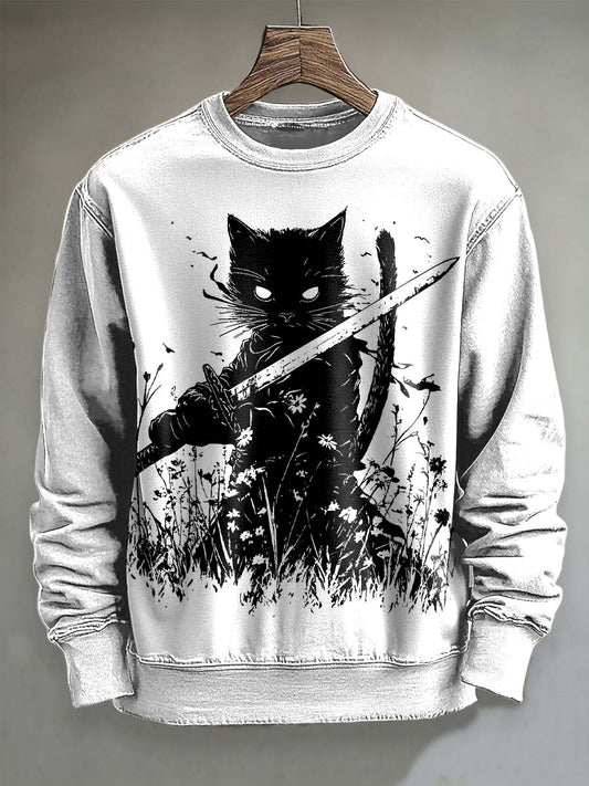 Samurai Cat Print Casual Crewneck Sweatshirt