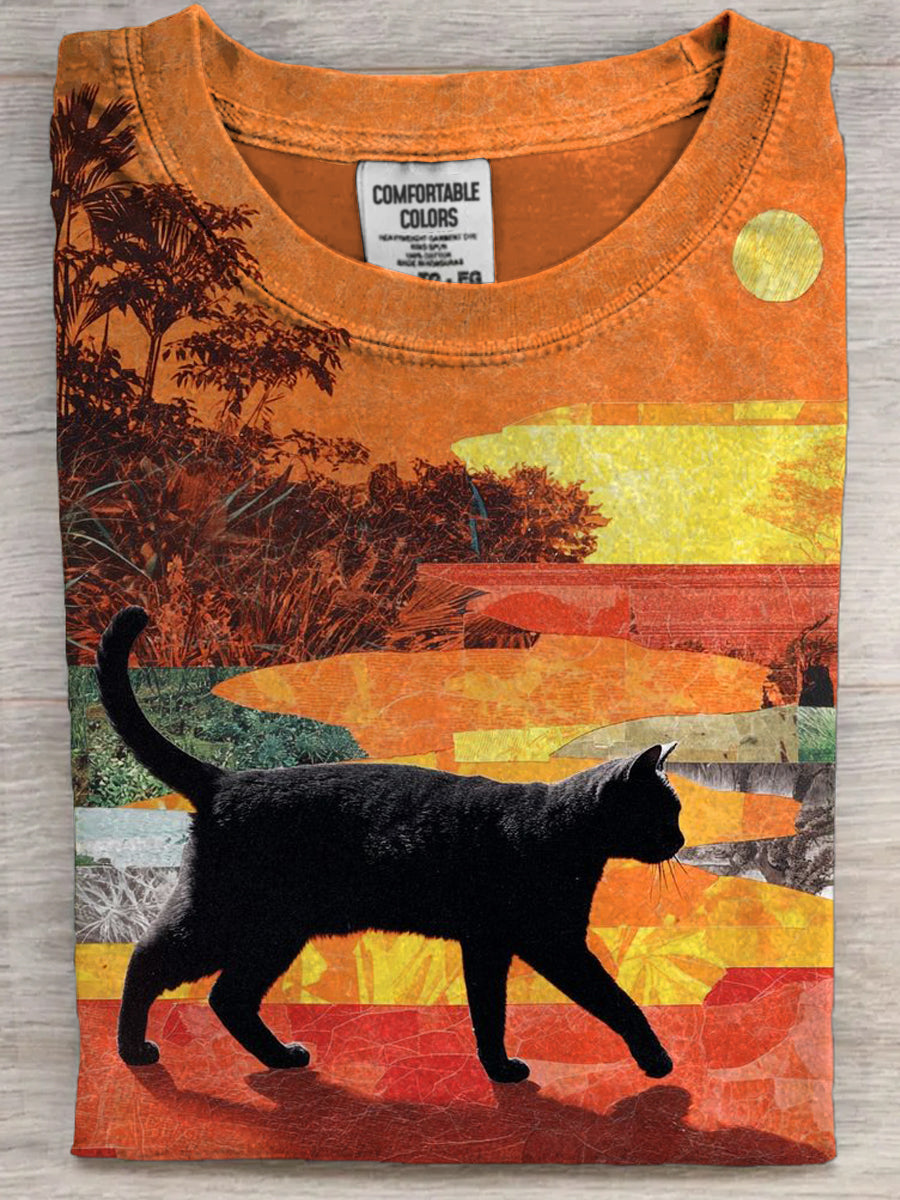 Abstract Landscape Cat Print Casual Short-Sleeve T-Shirt