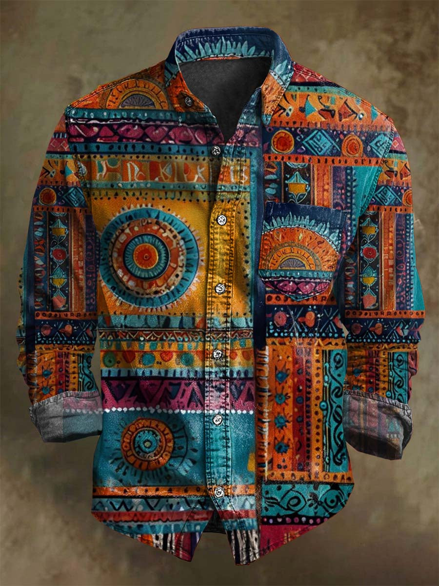 Retro Western Print Casual Long-Sleeve Shirt