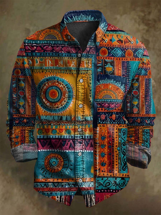 Retro Western Print Casual Long-Sleeve Shirt
