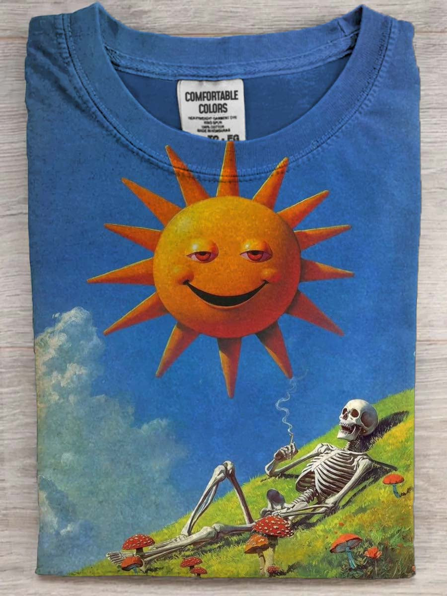 Abstract Sun Skull Print Casual Short-Sleeve T-Shirt