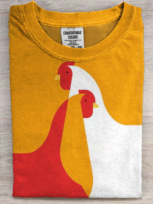 Abstract Two-Tone Chicken Print Casual Short-Sleeve T-Shirt
