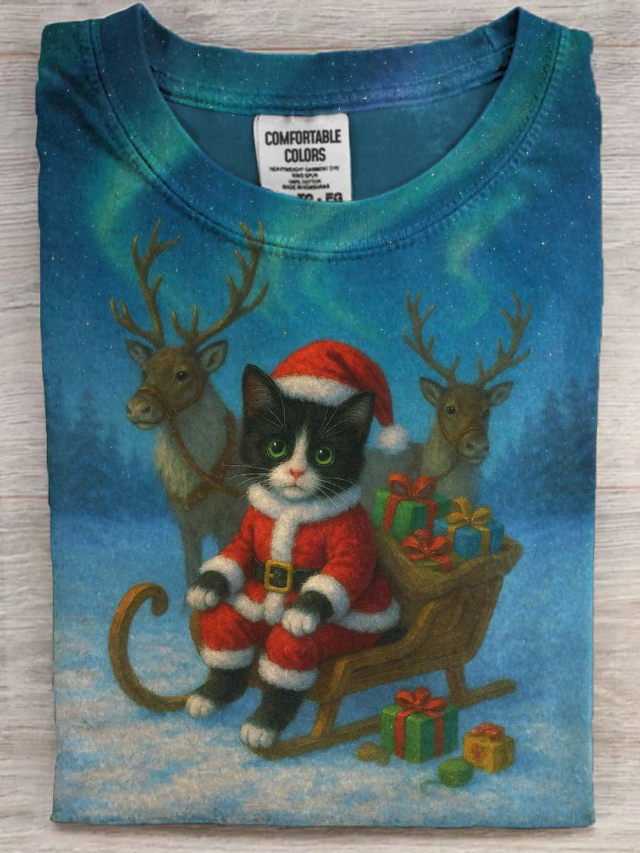 Cute Santa Cat Print Casual Short-Sleeve T-Shirt