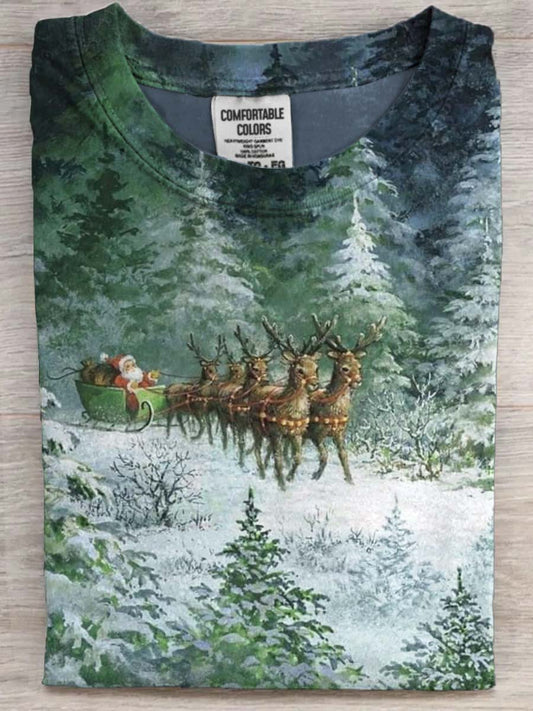Santa's Sleigh Print Casual Short-Sleeve T-Shirt