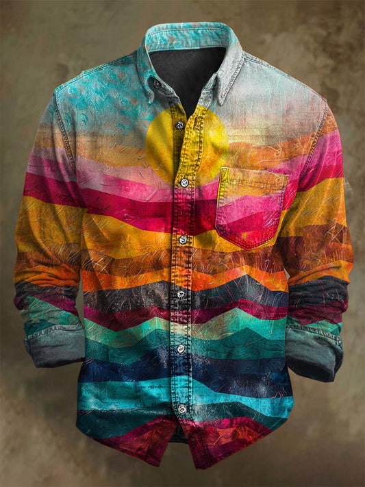 Abstract Colorful Hill Print Casual Long-Sleeve Shirt