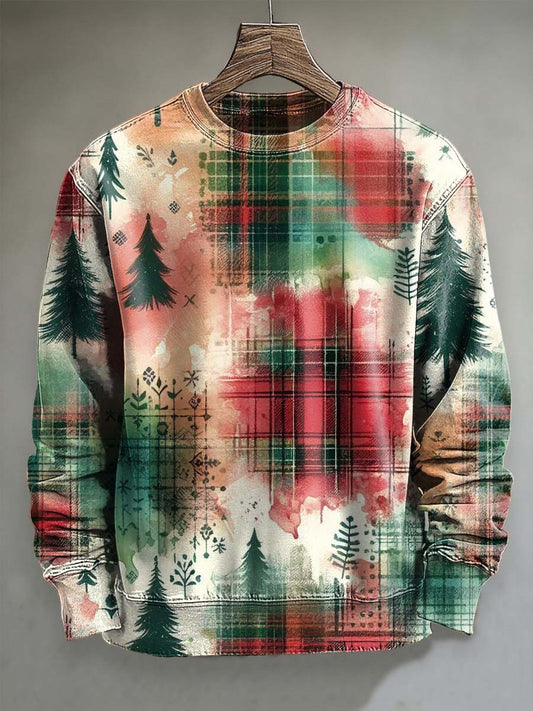 Retro Christmas Tree Plaid Print Casual Crewneck Sweatshirt