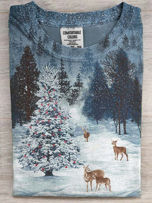Snowy Christmas Tree Print Casual Short-Sleeve T-Shirt