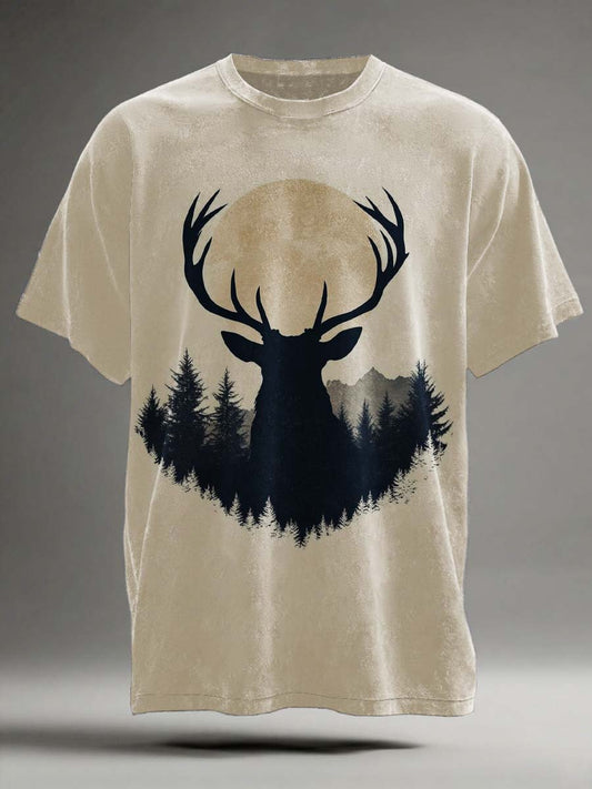 Retro Forest Elk Print Casual Short-Sleeve T-Shirt