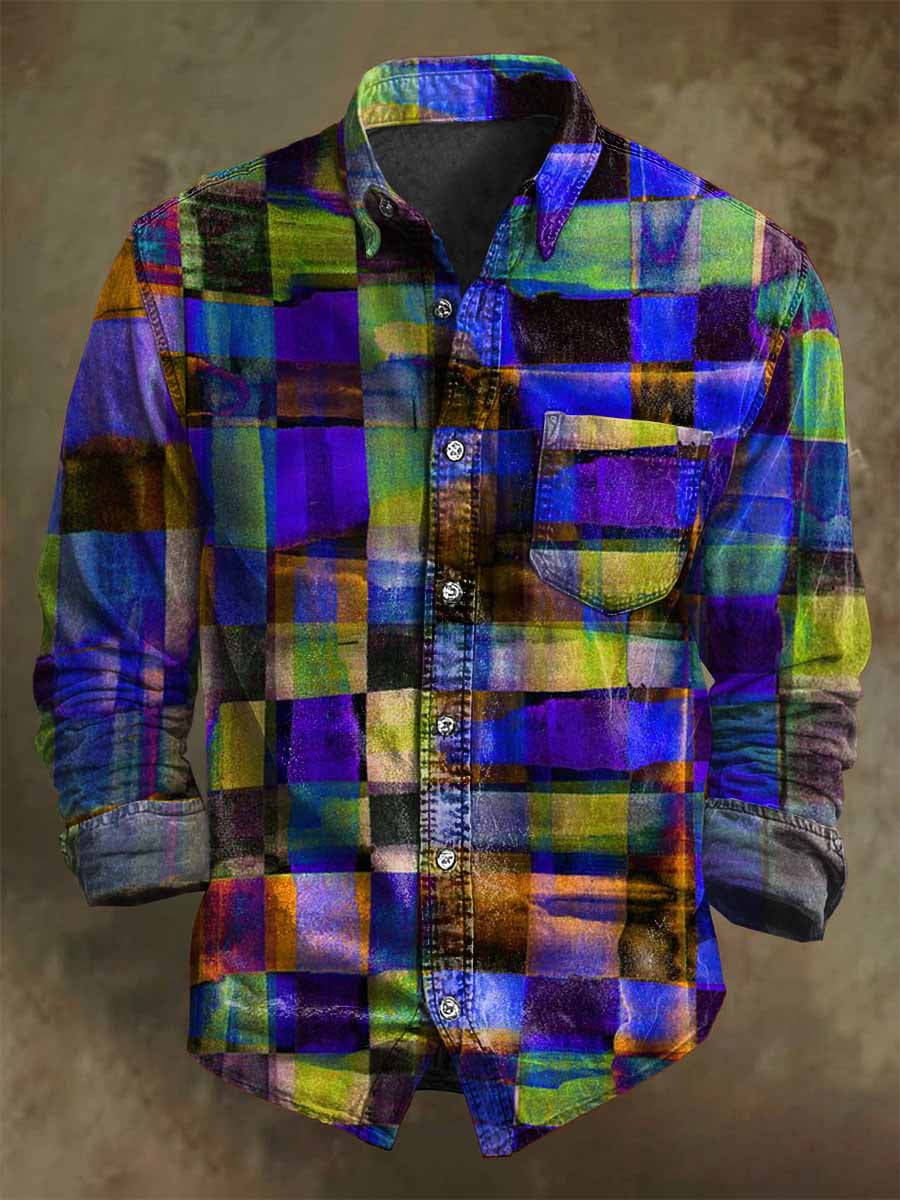 Abstract Irregular Check Print Casual Long-Sleeve Shirt