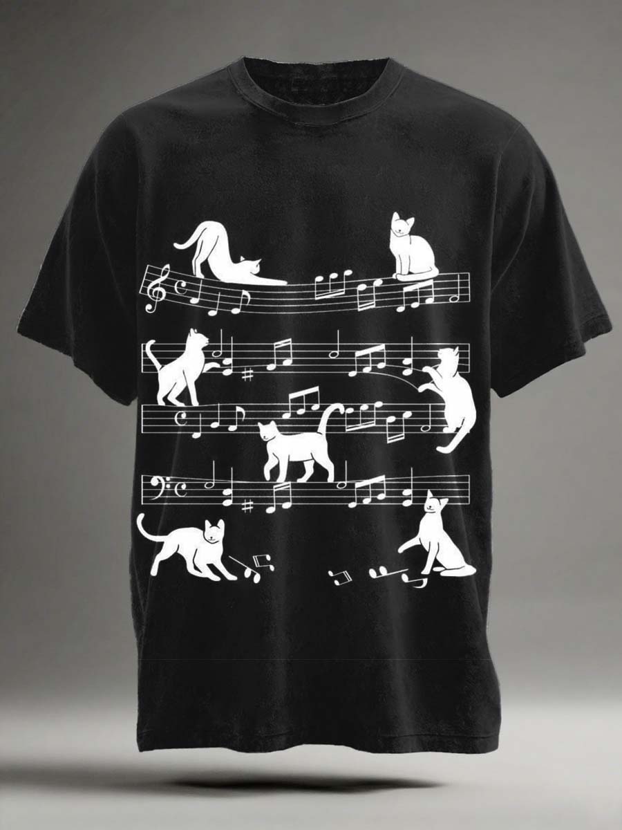 Abstract Musical Score Cat Print Casual Short-Sleeve T-Shirt
